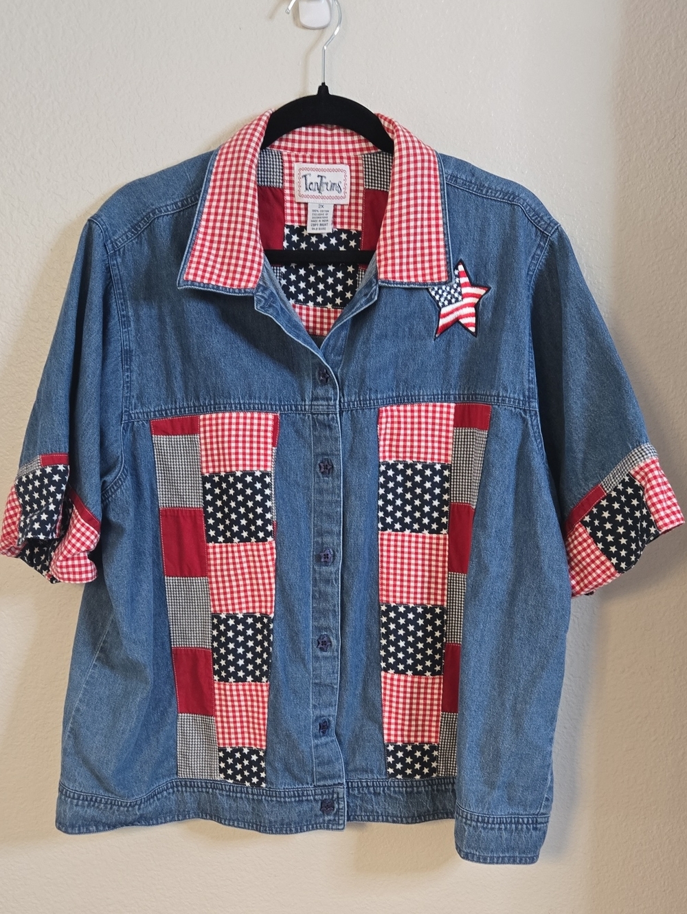 Vintage Tantrums Denim Button-Down Shirt with Red, White & Blue Patchwork